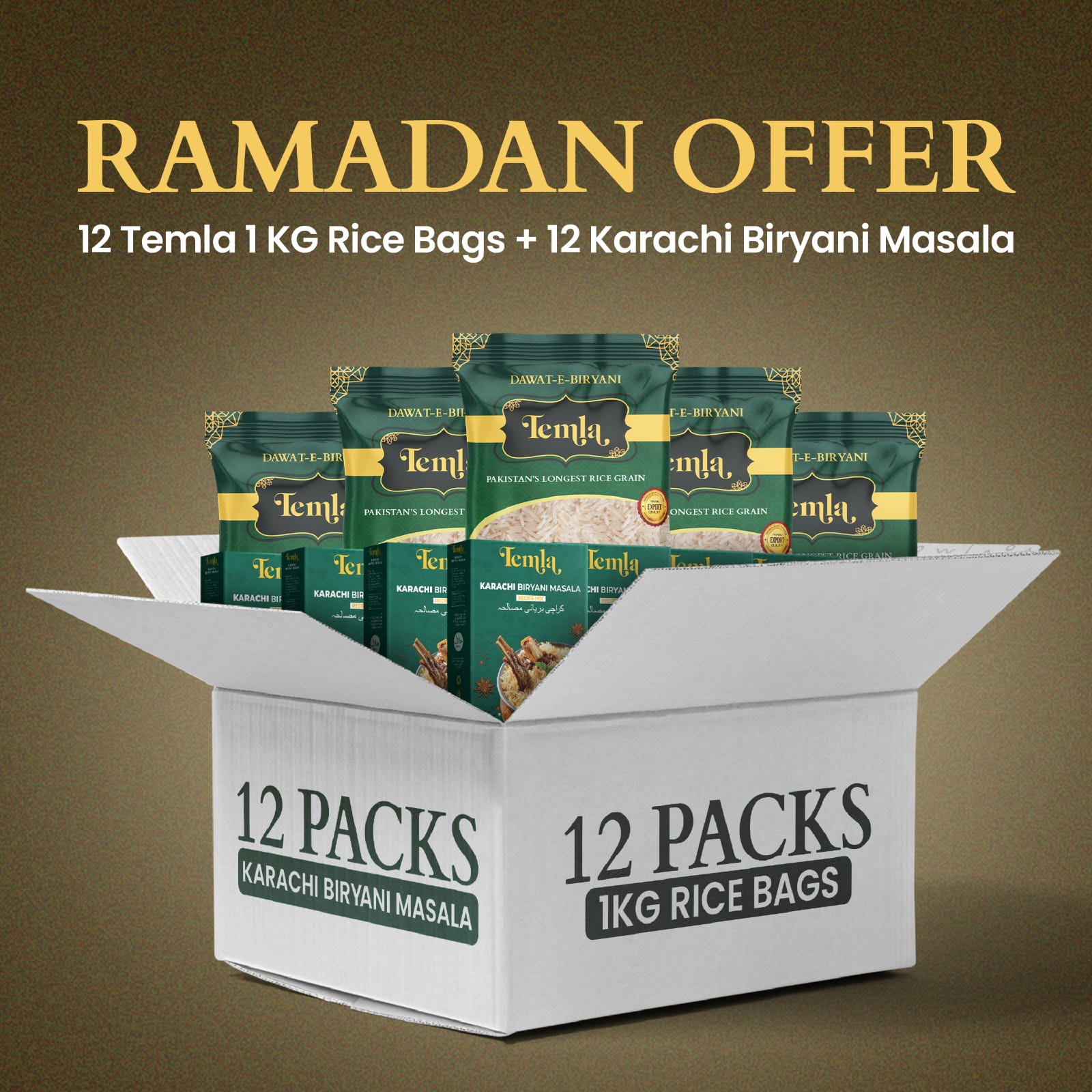 Ramadan Bundle - 12 Bags of 1 kg Rice + 12 Packs of Karachi Biryani Masala
